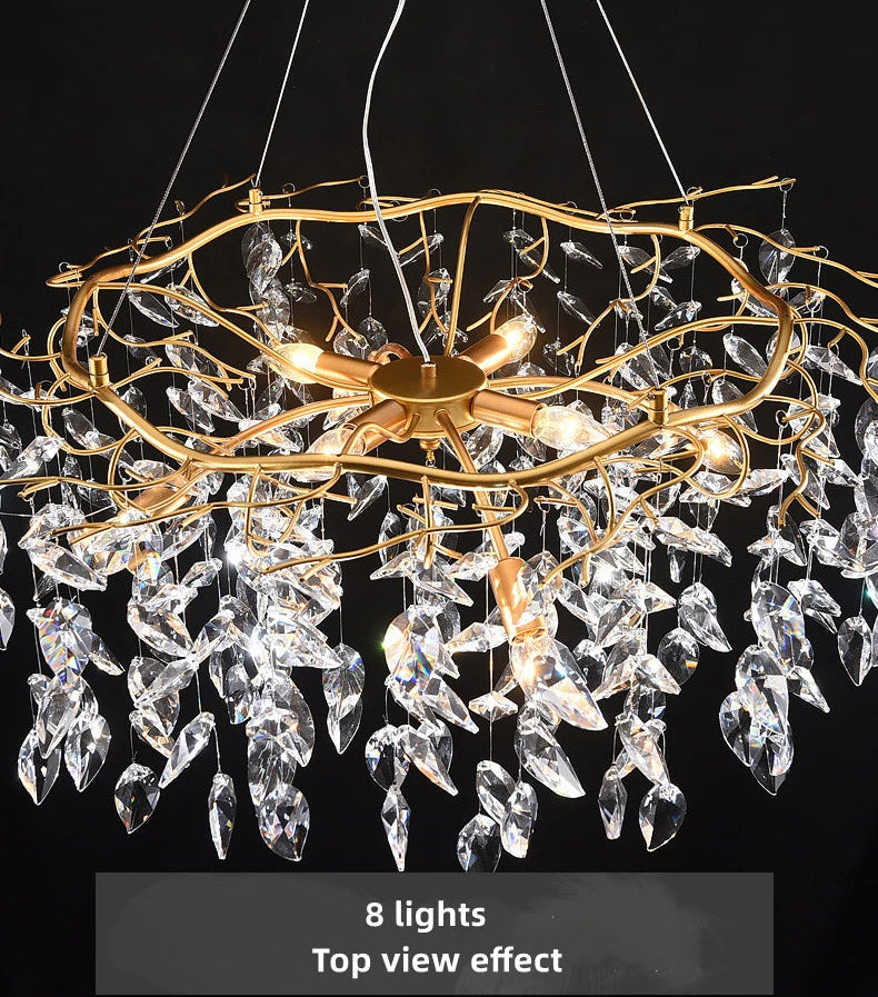 Gold chandelier with crystal-like elements on a black background