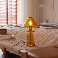 Amber Glass Mushroom Table Lamp with Textured Base and Frosted Shade
