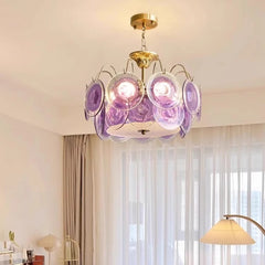 Gold Metal Frame Amethyst Glass Disc Semi-Flush Mount Chandelier