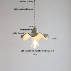 White ceramic pendant light with measurements on a gray background