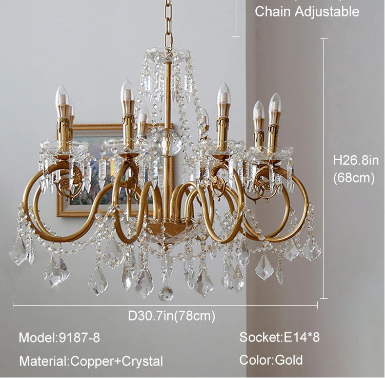 Gold chandelier with crystal accents, dimensions, and material details on a neutral background