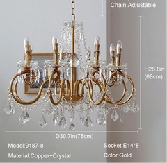 Gold chandelier with crystal accents, dimensions, and material details on a neutral background