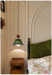 Green Ceramic Bell Pendant Light Hand Painted Floral Design