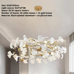 Gold Metal Ginkgo Leaf Pendant Chandelier with White Ceramic Flowers