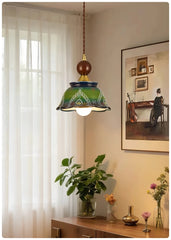 Green Ceramic Bell Pendant Light Hand Painted Floral Design