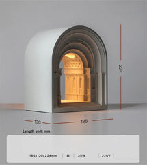 Decorative light fixture with architectural design, showing dimensions on a gray background