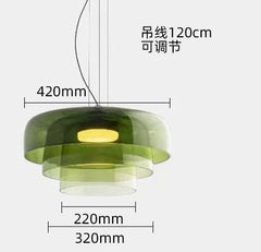 Green pendant light with dimensions and features on a white background