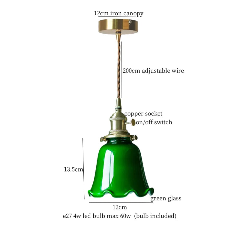 Pendant light with green glass shade and labeled components on a white background
