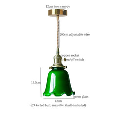 Pendant light with green glass shade and labeled components on a white background