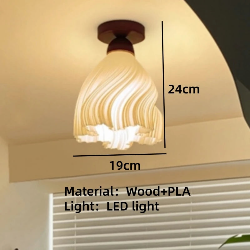 Ceiling light fixture with dimensions and material details on a ceiling.
