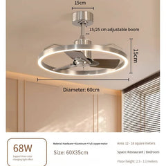 Ceiling fan with dimensions and specifications displayed