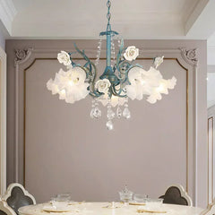 Blue Floral Ceramic Chandelier with Crystal Accents
