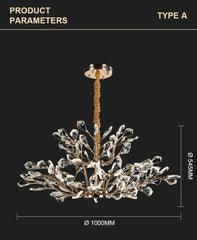 Chandelier with dimensions on a black background