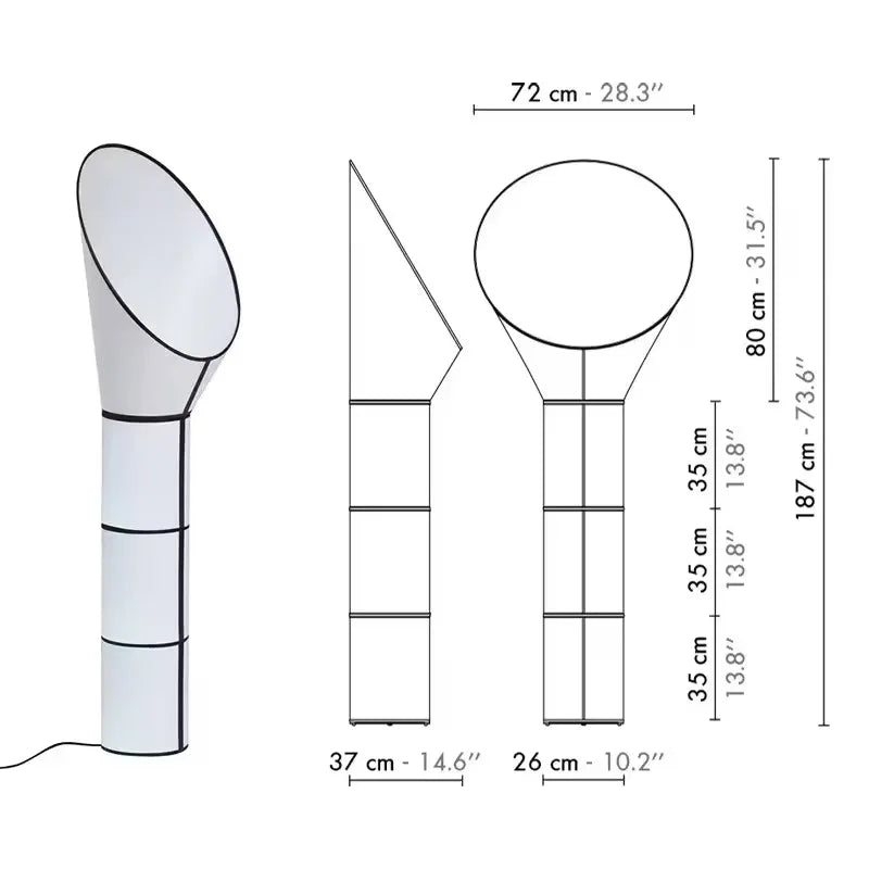 Measurement chart of a lamp with dimensions in centimeters and inches.