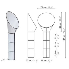 Measurement chart of a lamp with dimensions in centimeters and inches.