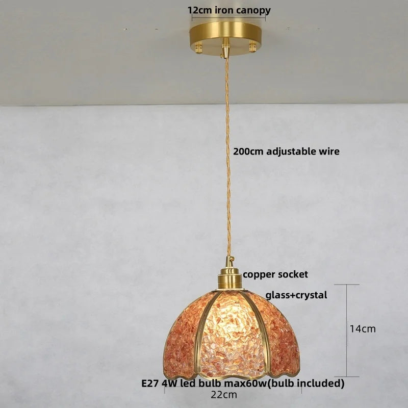 Gold pendant light with labeled parts and dimensions on a white background