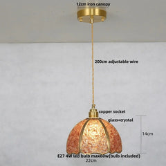 Gold pendant light with labeled parts and dimensions on a white background