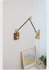 Brass Adjustable Swing Arm Wall Sconce Wooden Base Black Frame