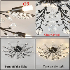 Chandelier with clear crystal elements shown in various lighting conditions.