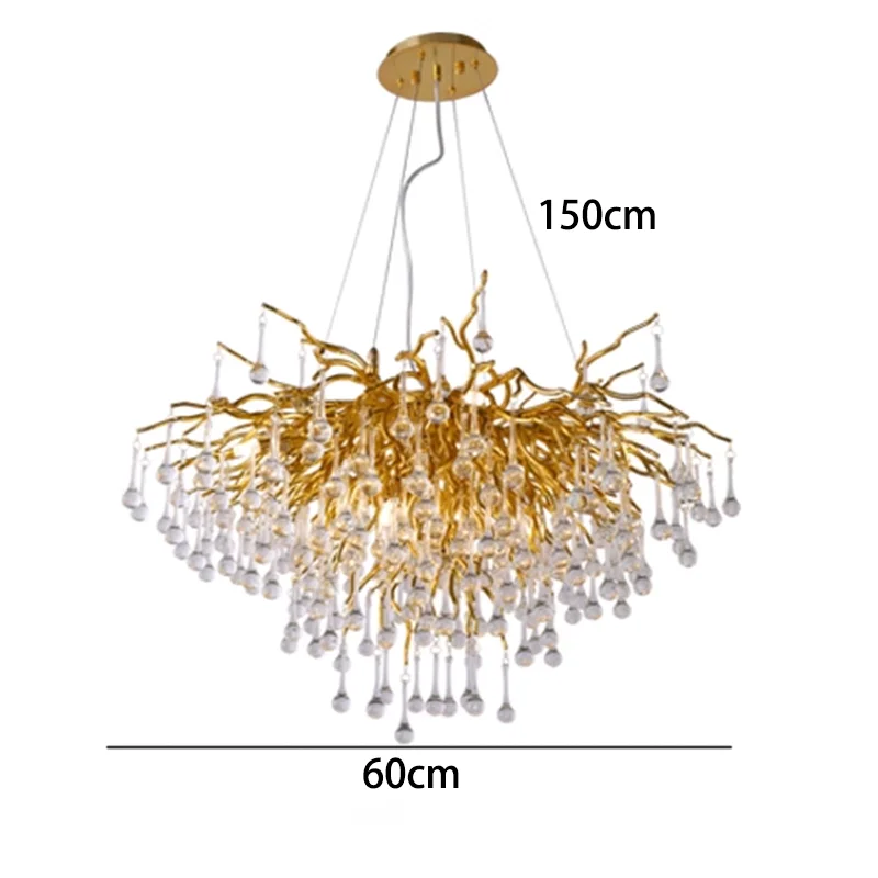Gold chandelier with measurements on a white background