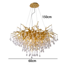 Gold chandelier with measurements on a white background