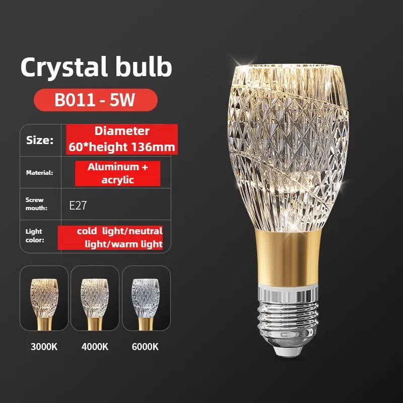 Crystal light bulb with specifications on a dark background
