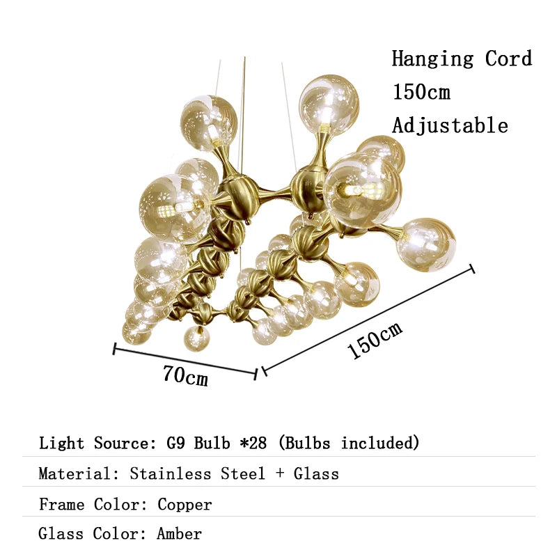 Chandelier with dimensions and material details on a white background