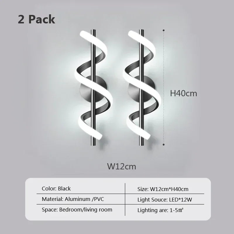 Two spiral wall lights with dimensions and specifications on a gray background