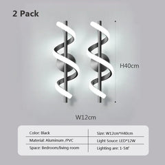 Two spiral wall lights with dimensions and specifications on a gray background