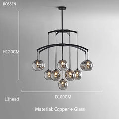 Chandelier with dimensions and material details on a gray background