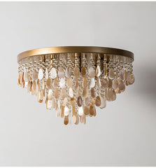 Gold Metal Frame Shell and Crystal Cascading Pendant Light Fixture