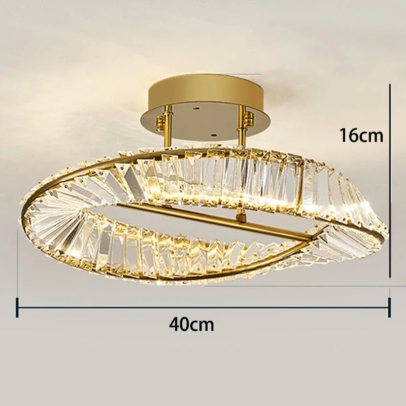 Gold and crystal ceiling light fixture with dimensions on a white background