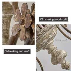Detailed shots highlighting the old-world craftsmanship of the metal floral accents and the distressed wood texture on the chandelier