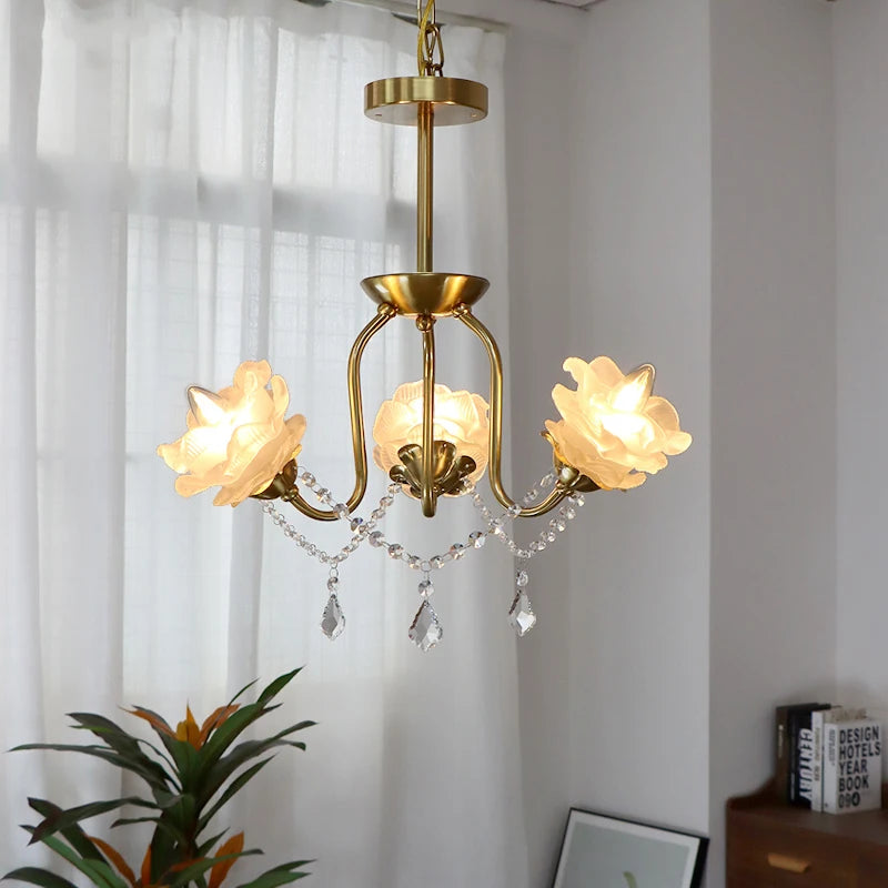 A three-arm variant of the gold floral rose crystal chandelier, showcasing the intricate design and crystal embellishments.