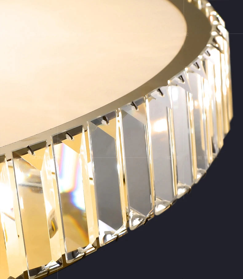 Close-up of a modern ceiling light fixture with crystal accents