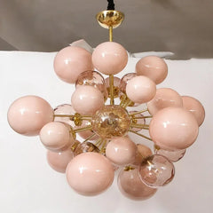 Pink Glass Orb Chandelier with Gold Metal Frame Clusters