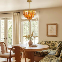 Amber Faceted Crystal Tiered Chandelier with Gold Finish Metal Frame