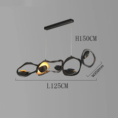 Modern chandelier with dimensions on a gray background