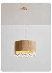 Jute Drum Pendant Light with Natural Wood Beads Accent