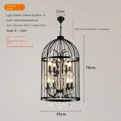 Chandelier with birdcage design and dimensions on a gray background