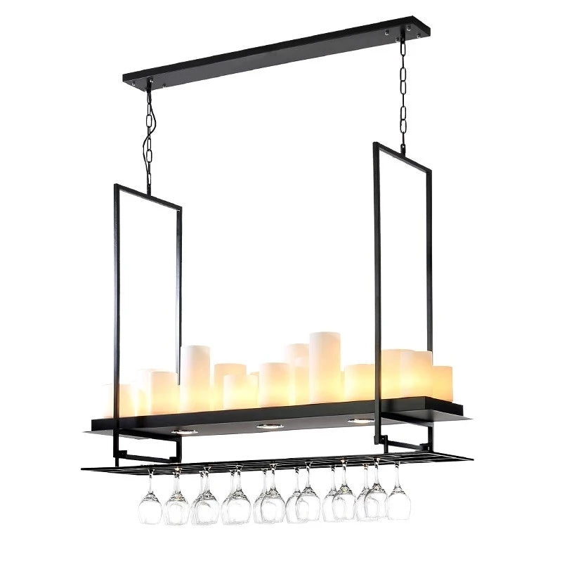 Modern pendant light fixture with glass shades and wine glass holders on a white background