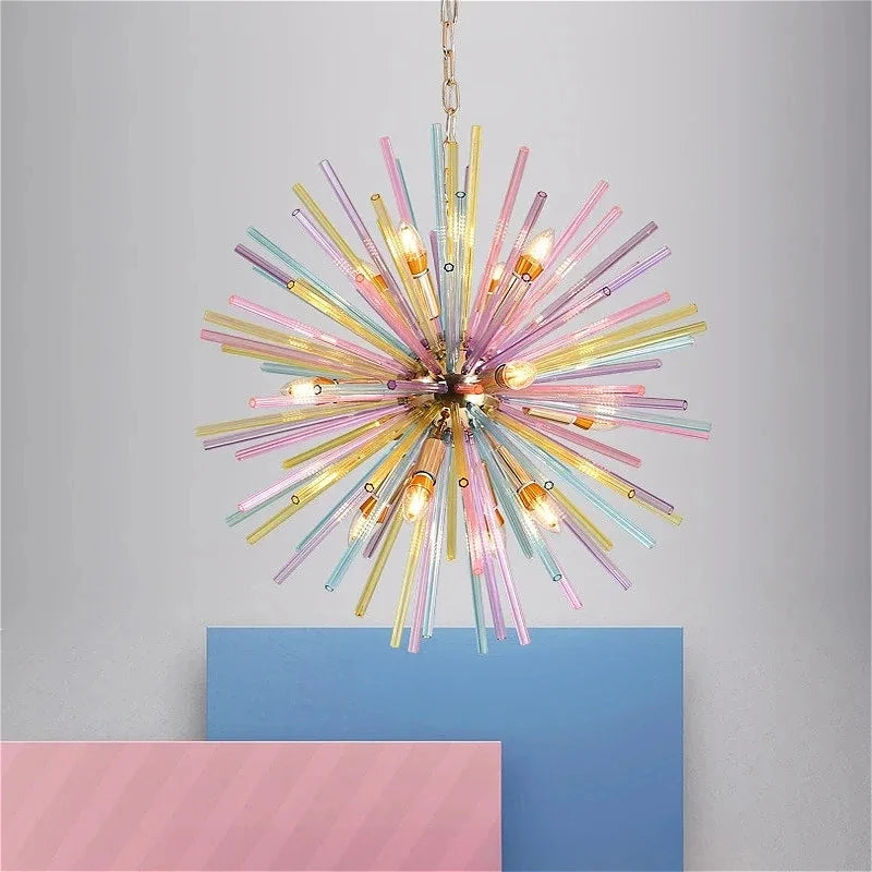 Close-up of a colorful starburst chandelier with many glass rods radiating outwards from a central gold fixture.