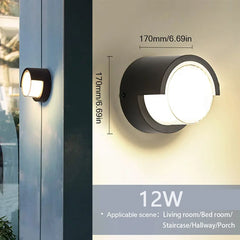 Black outdoor wall light fixture with dimensions and application areas displayed.