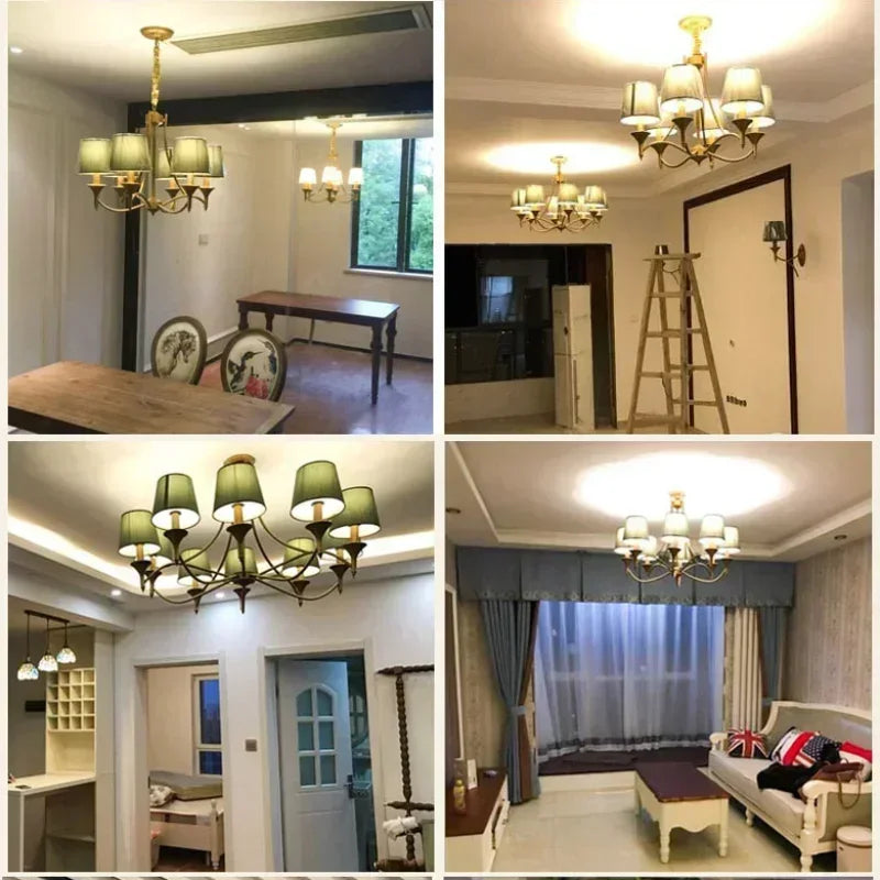 Collage of a chandelier in various rooms with different lighting conditions.