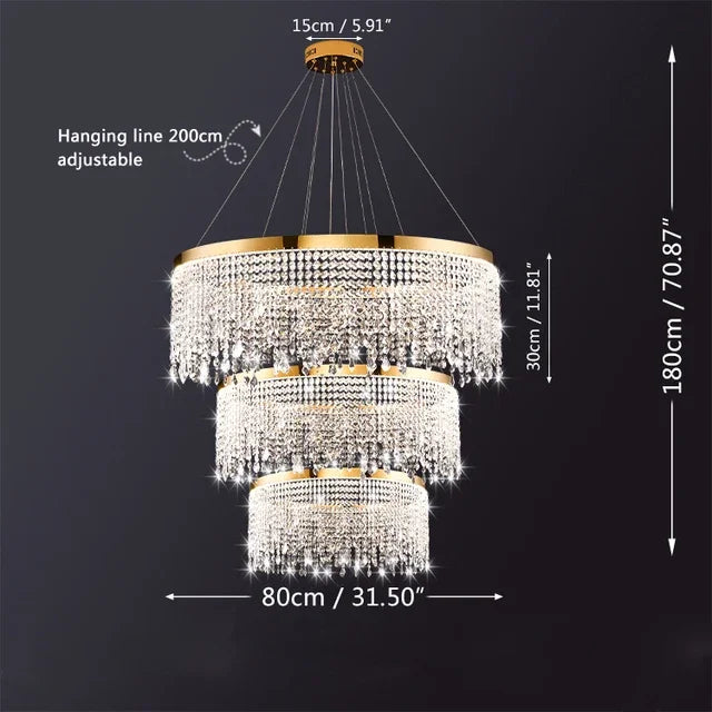 Chandelier with dimensions labeled on a dark background