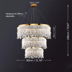 Chandelier with dimensions labeled on a dark background