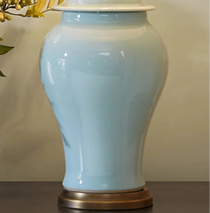 Light Blue Ginger Jar Ceramic Table Lamp with Gold Accents
