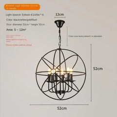 Black spherical chandelier with measurements on a light gray background