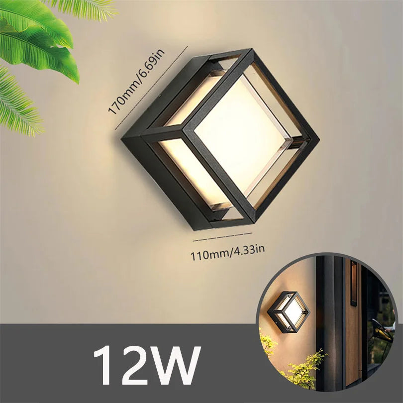 Wall-mounted outdoor light fixture with dimensions and power rating on a neutral background