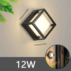 Wall-mounted outdoor light fixture with dimensions and power rating on a neutral background